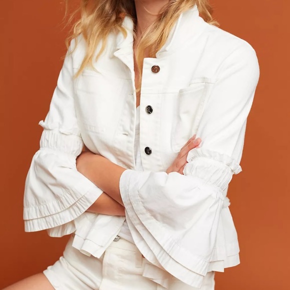 Pilcro Peplum Denim White Jacket | Ruffled | Statement Sleeves - Picture 1 of 12